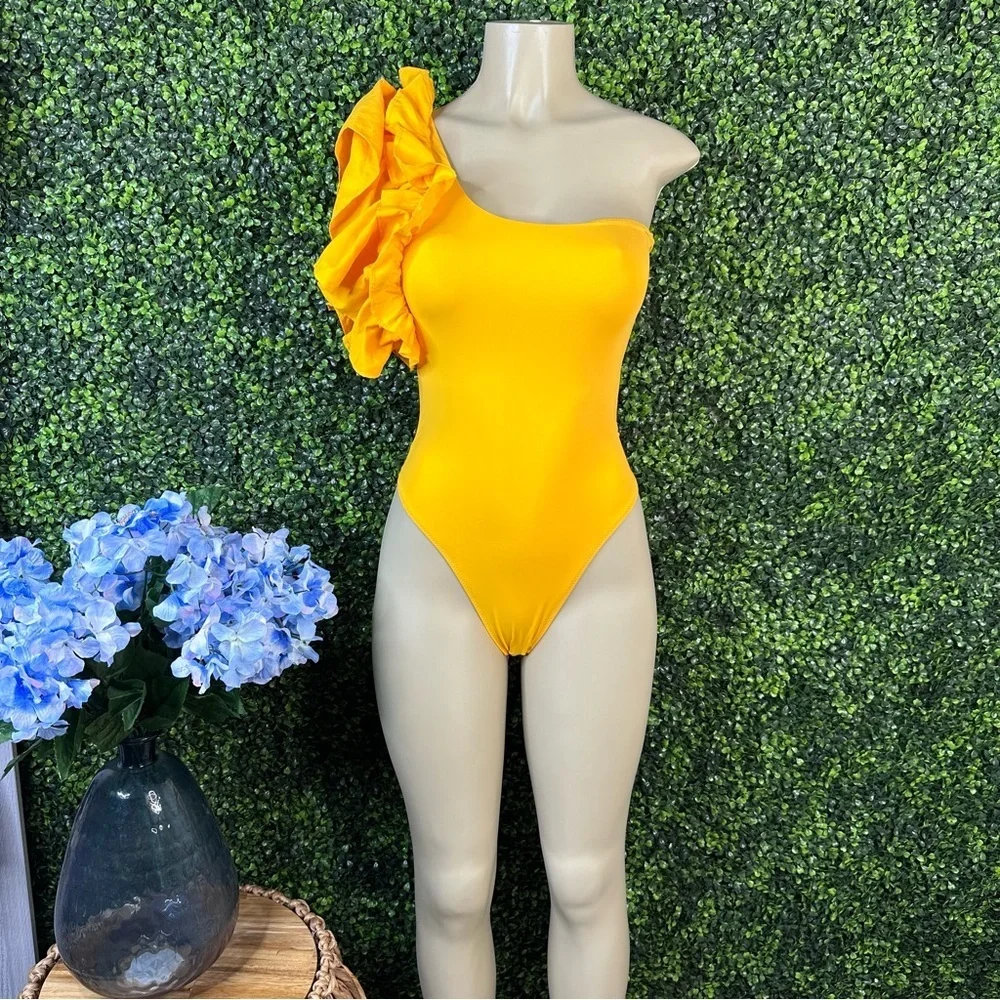 Zara yellow ruffle one  sleeve‎ swim one piece